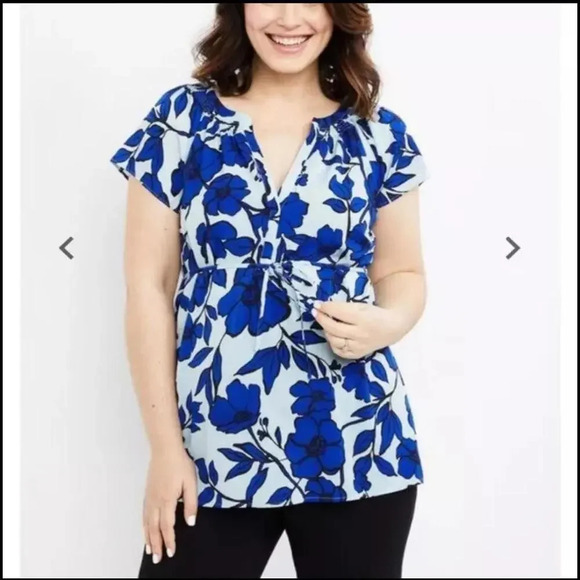 Motherhood Maternity Blouse Top Flutter Sleeve Floral Top Blue Medium NWOT - Picture 1 of 15